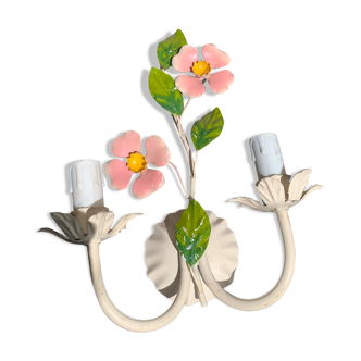 Vegetable wall lamp, pink flowers and green foliage, white, green and pink patina, vintage