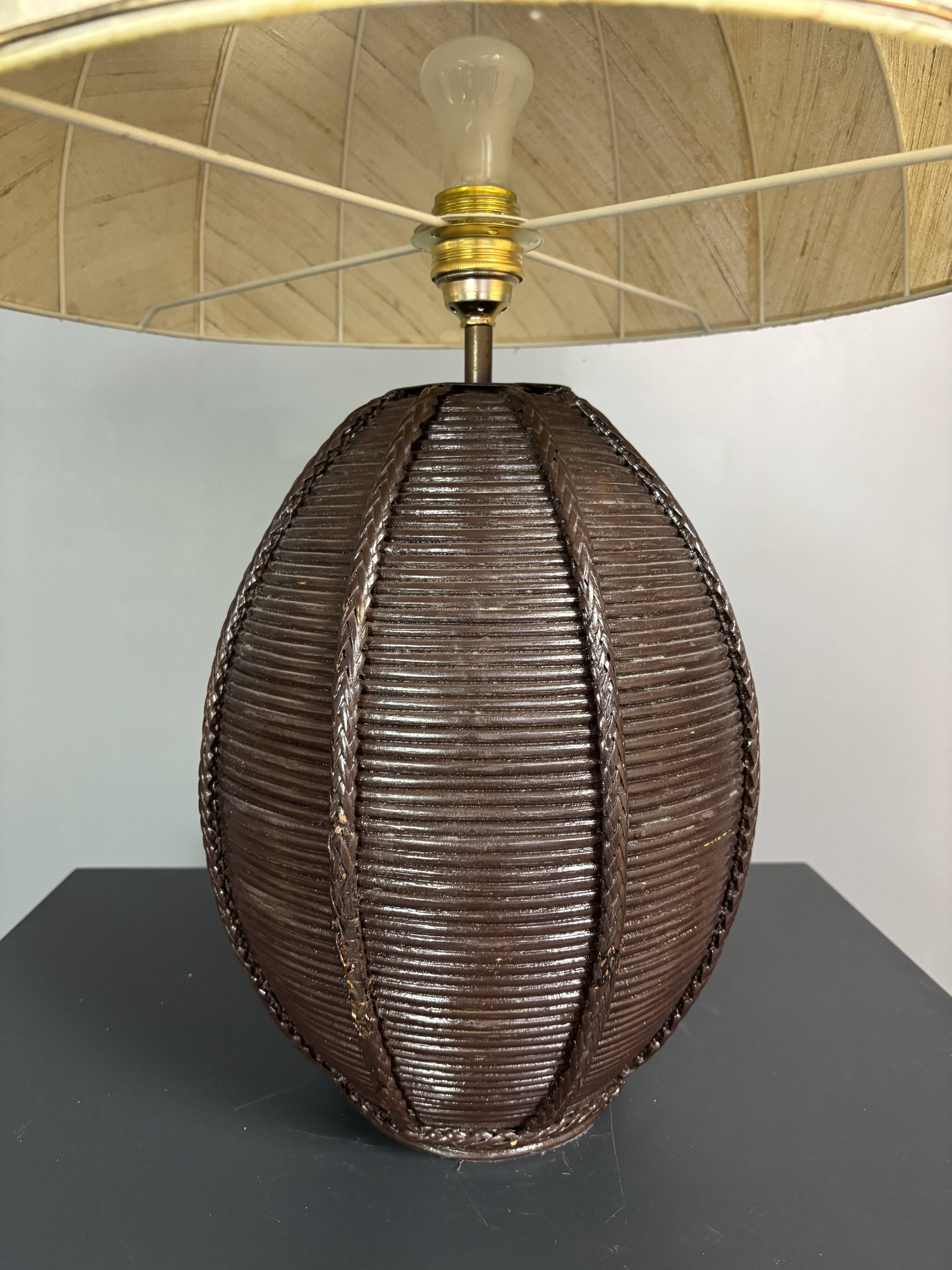 Lampe de table extra large en rotin à tige de crayon avec abat-jour en forme de champignon, années 1970
