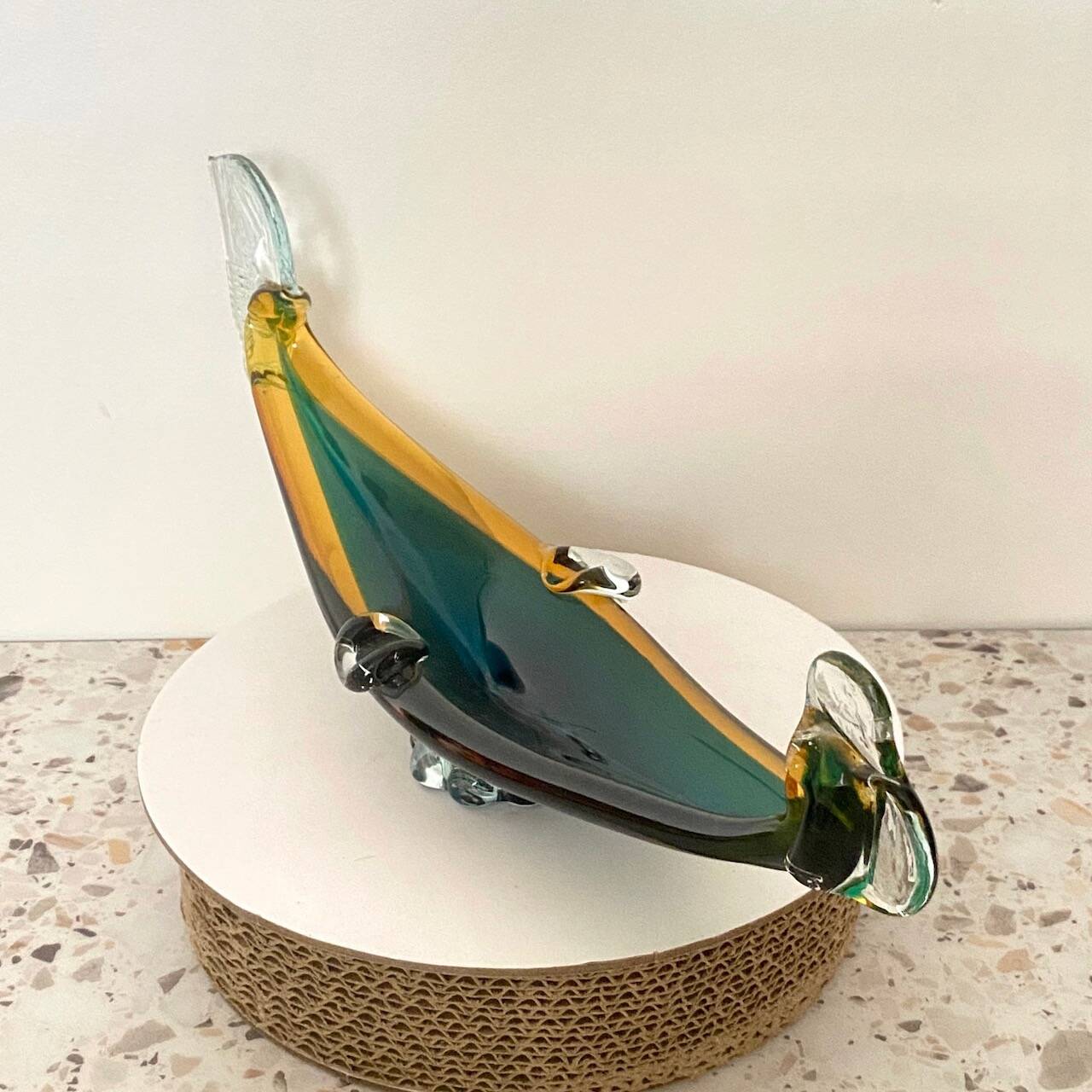 Dark green & amber Murano glass gondola- Sommerso