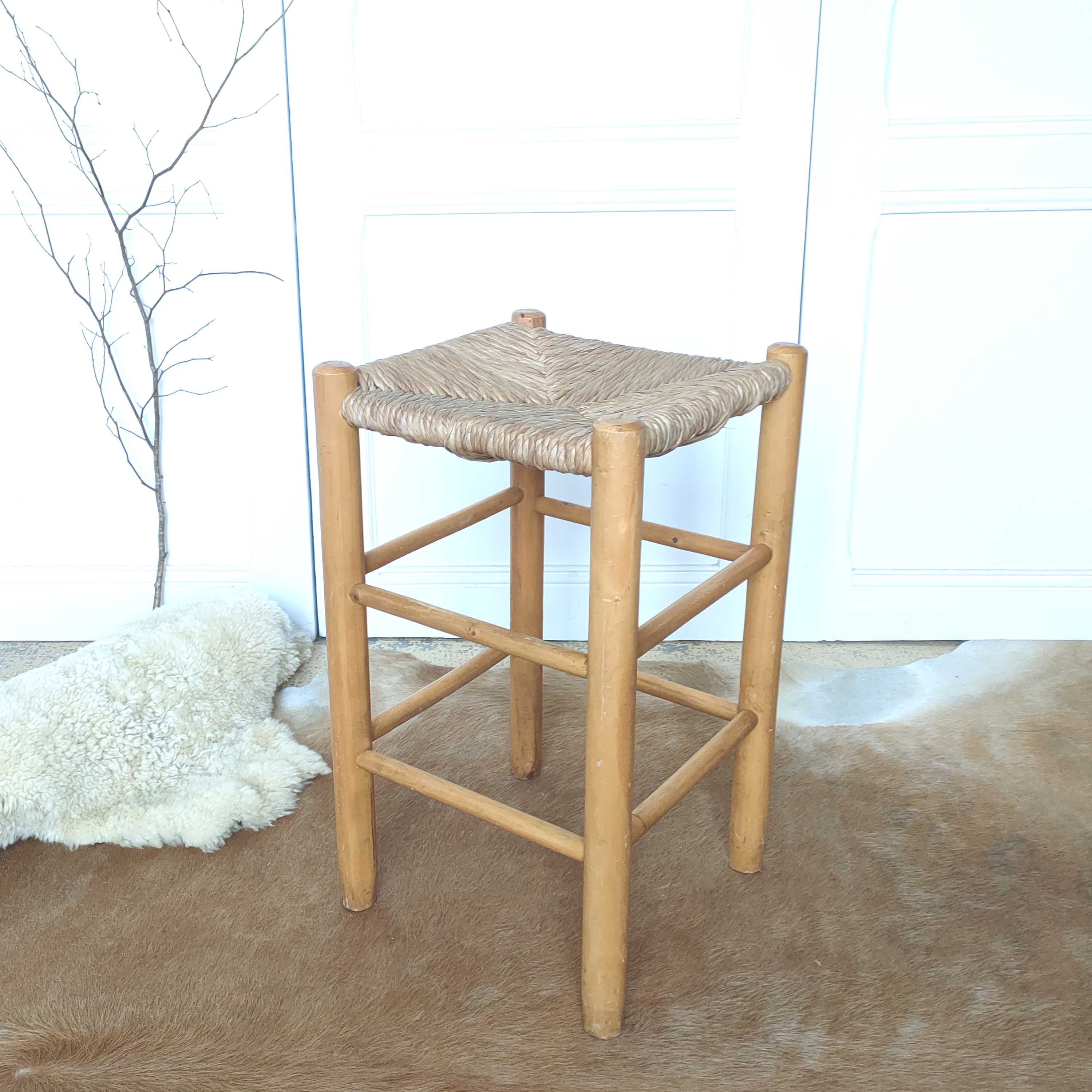 Wooden and straw stool