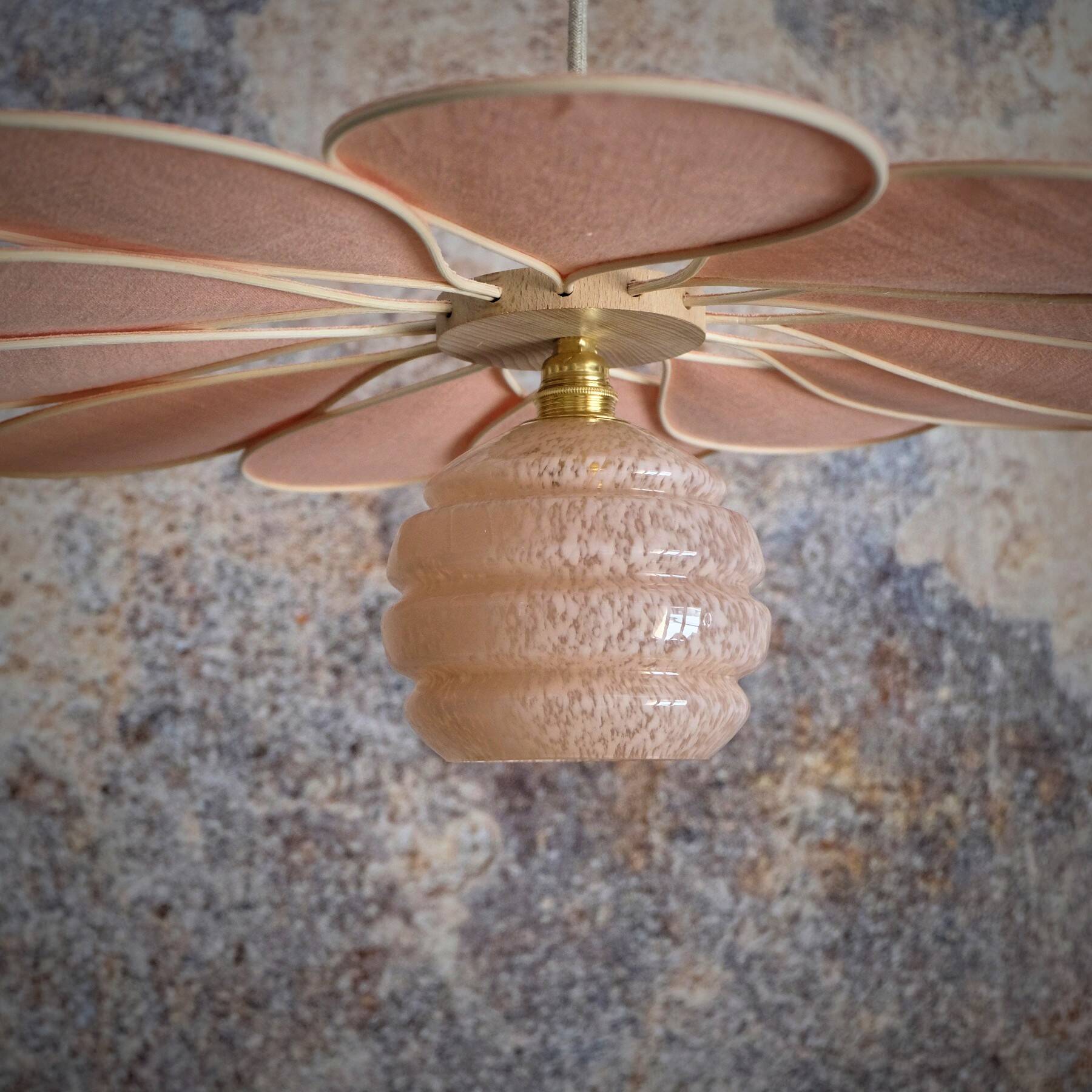 Rattan and Pink Linen Flower Pendant Light and Vintage Clichy Glass Globe