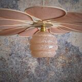 Rattan and Pink Linen Flower Pendant Light and Vintage Clichy Glass Globe