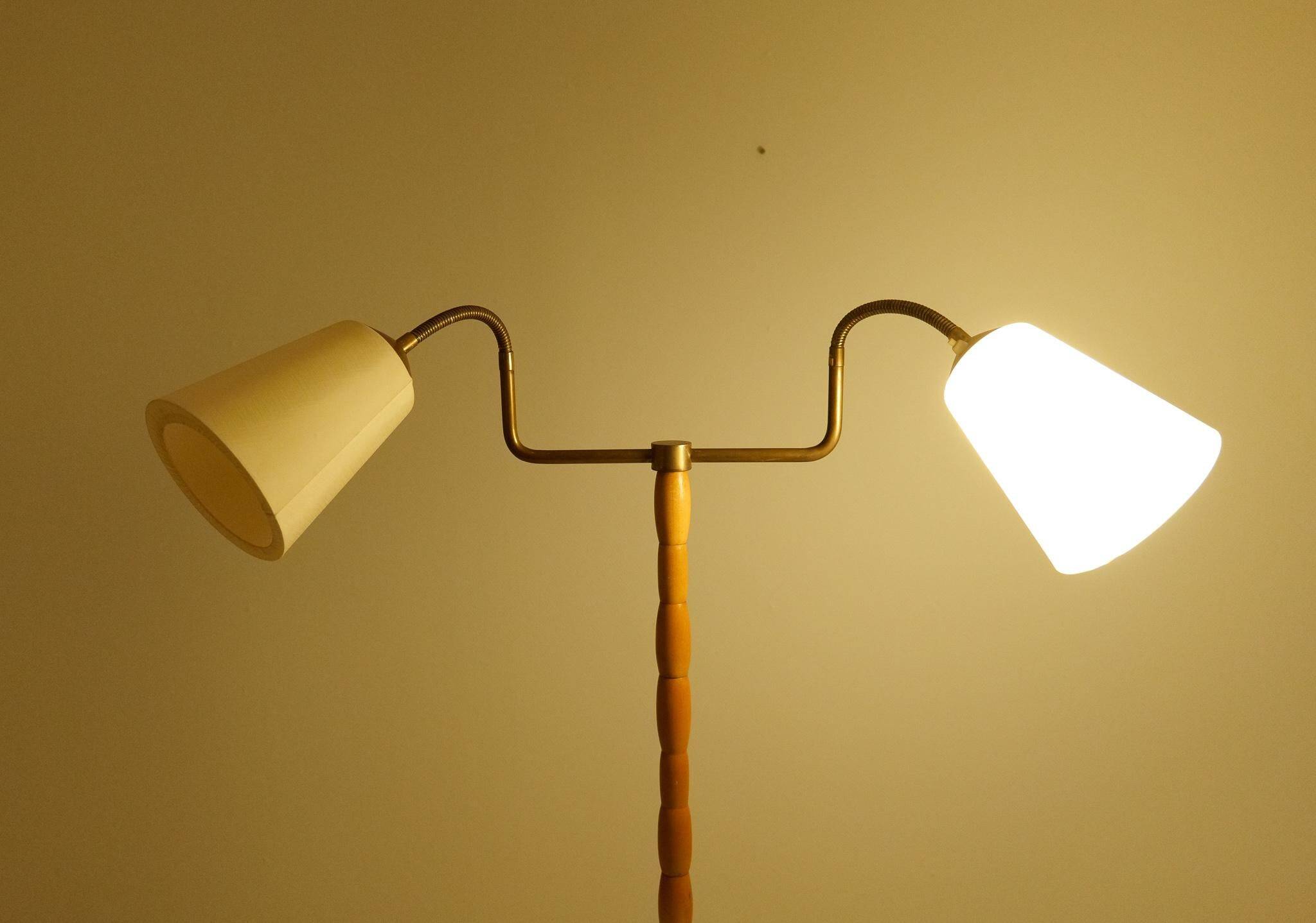 Mid-century organic floor lamp in birch and brass, Sweden, 1950s