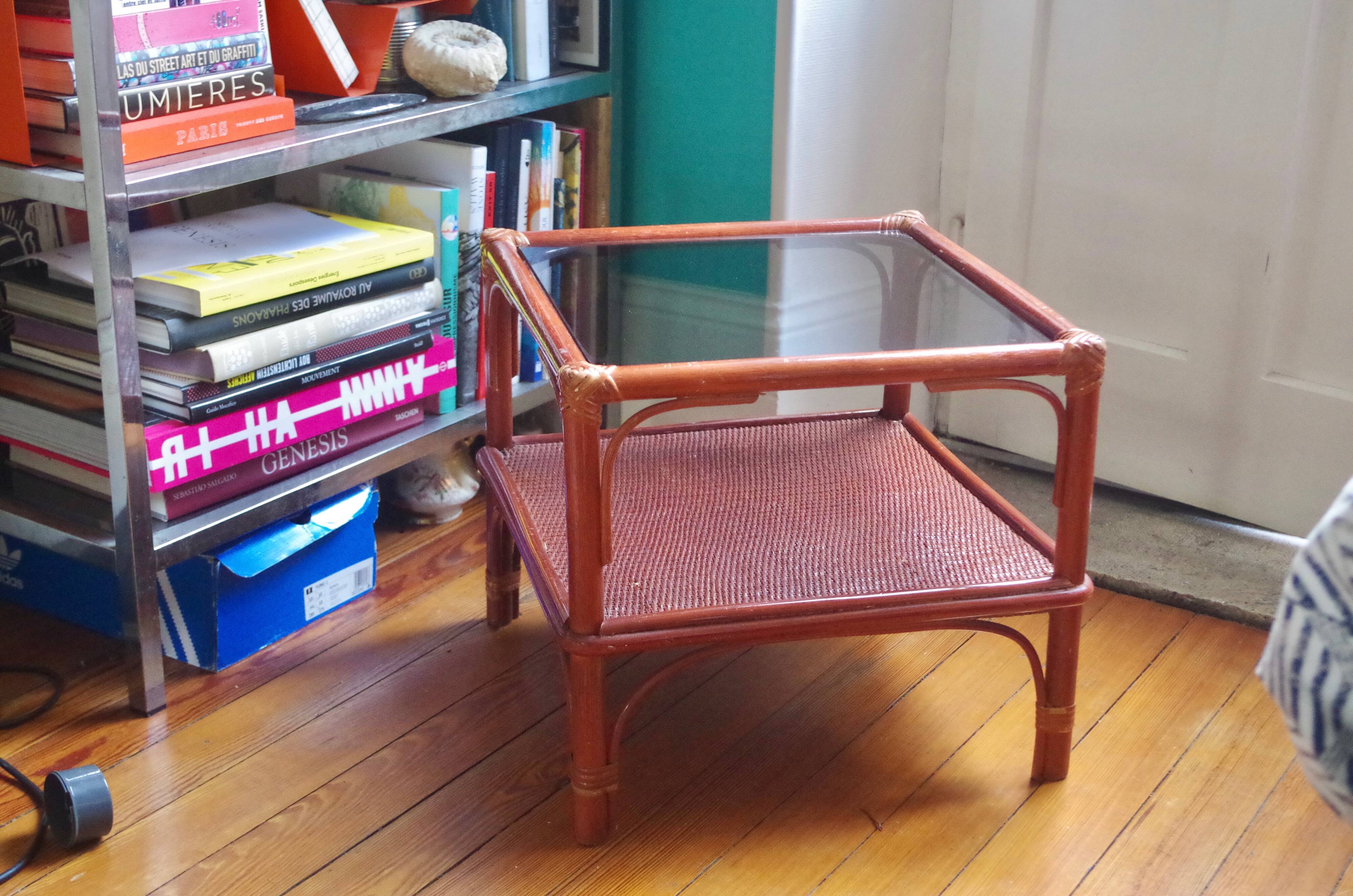 Varnished rattan coffee table and smoked glass top