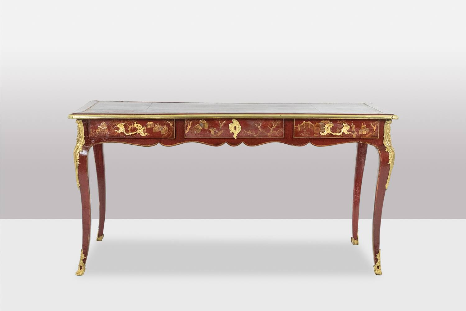 Louis XV style bureau plat with lake scene decoration. Circa 1850.