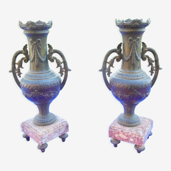 Paire de vases bougeoir regule bronze marbre garniture de pendule xixème n°1