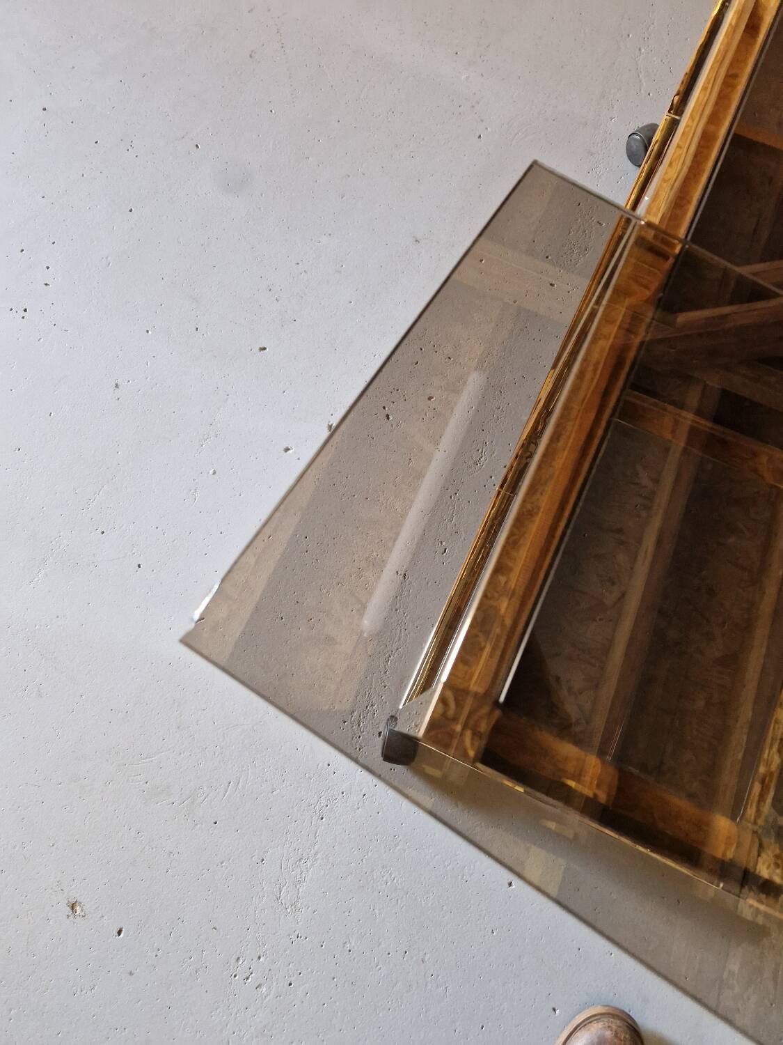 70s glass TV cabinet shelf console