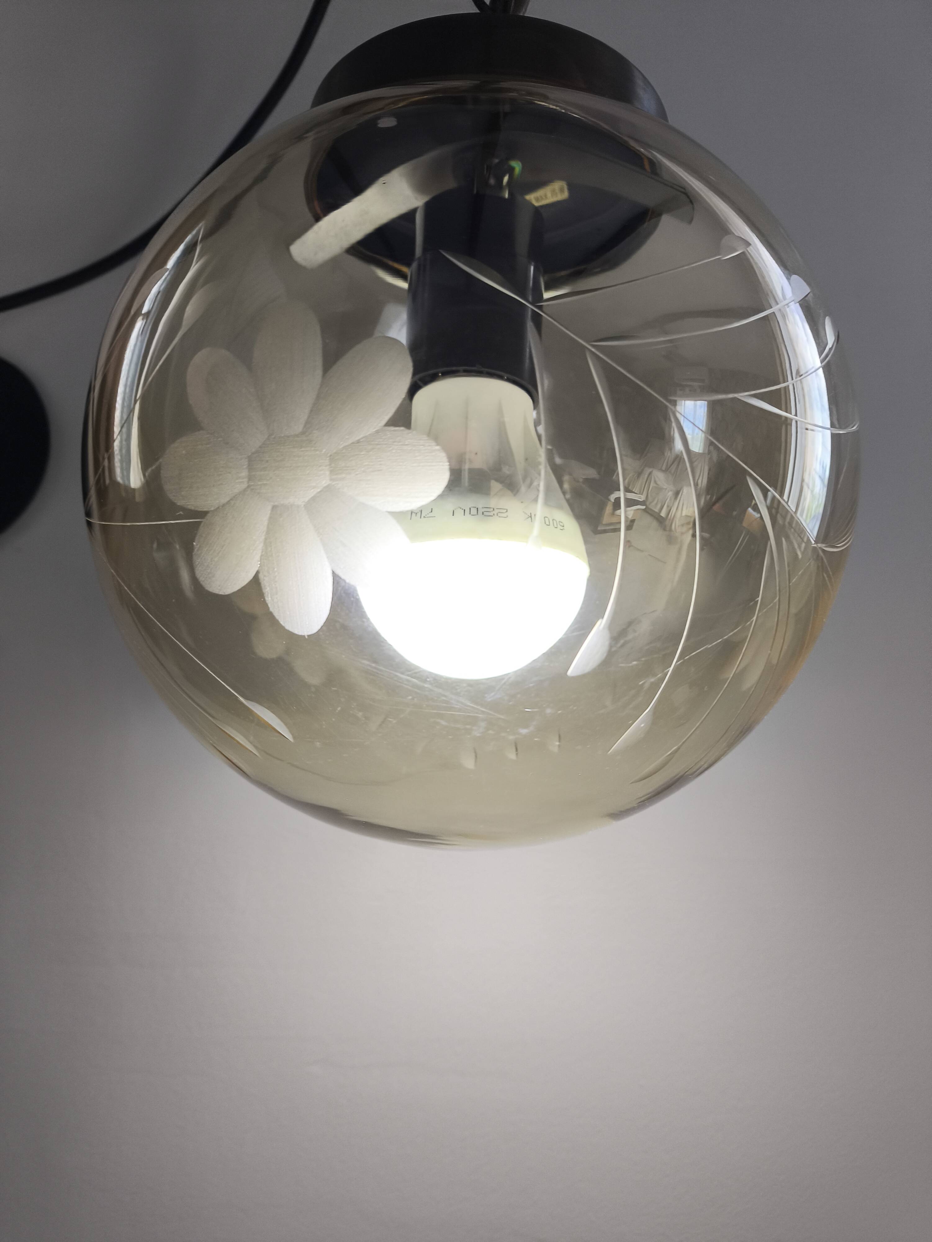 Vintage Amber Glass Suspension Globe with Floral Engravings 70s Retro Chic Style