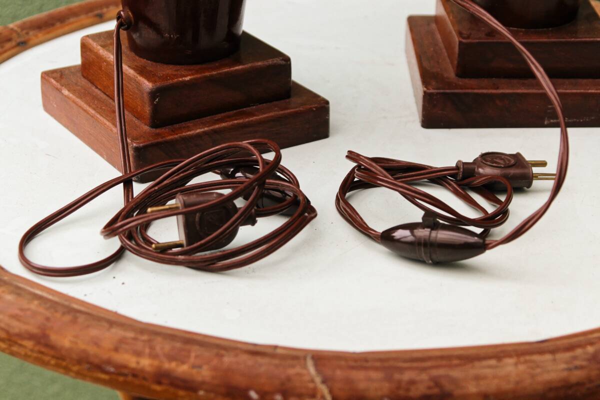 Pair of turned wooden bedside lamps