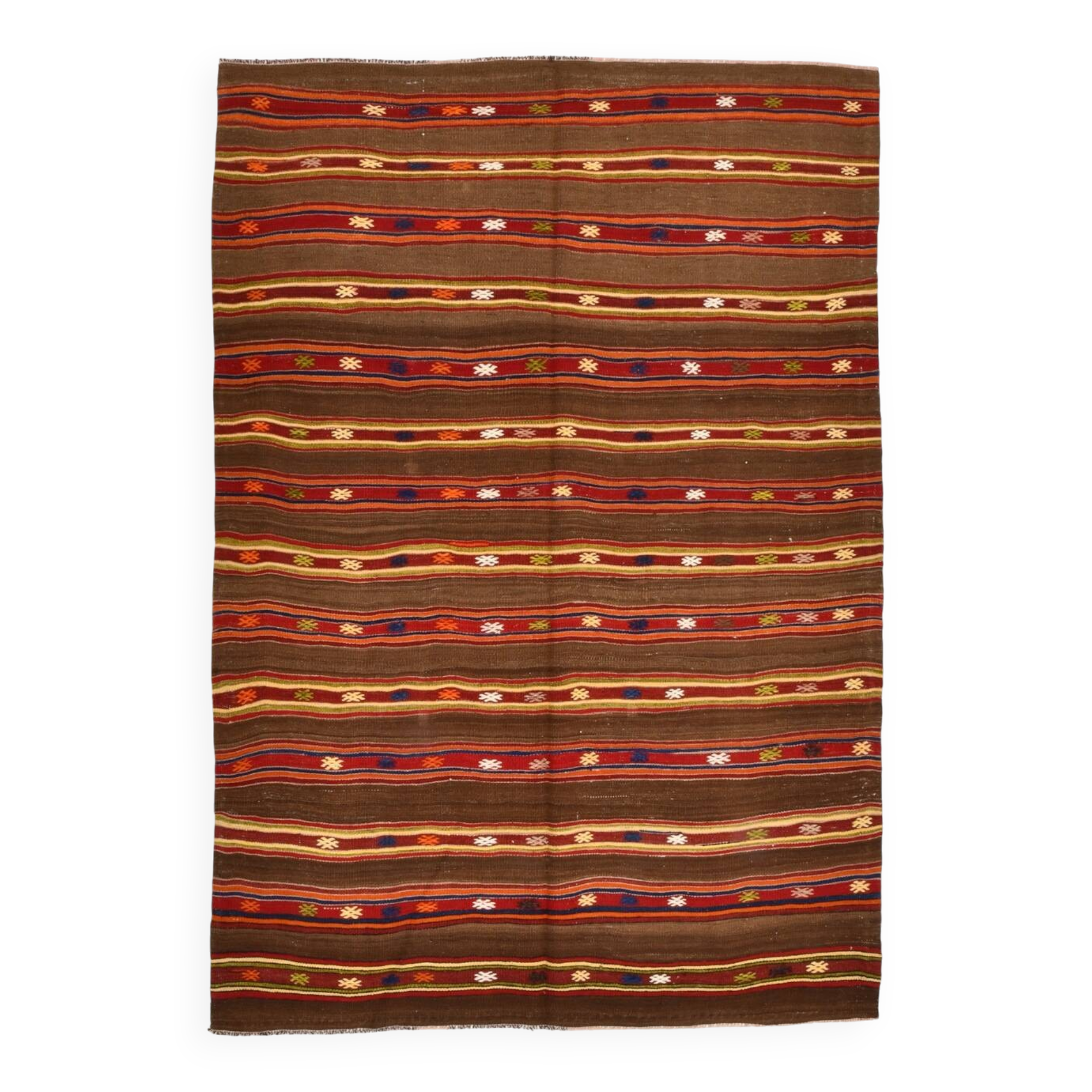 5x7 Soft Brown & Red Mid Century Moderin Turkish Kilim Rug, 153x220