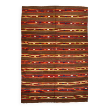 5x7 Soft Brown & Red Mid Century Moderin Turkish Kilim Rug, 153x220
