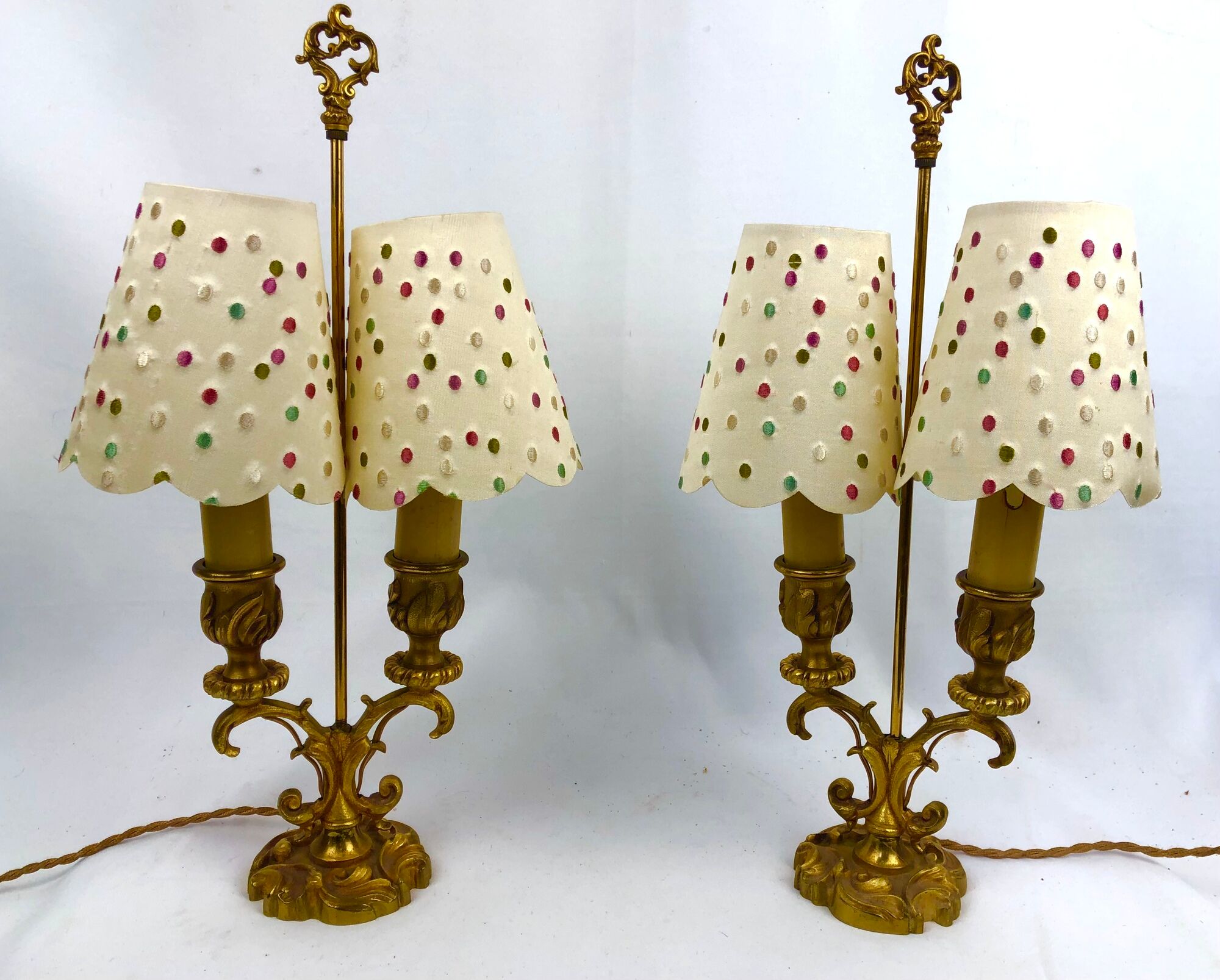 Pair of antique hot water bottle lamps in gilded bronze