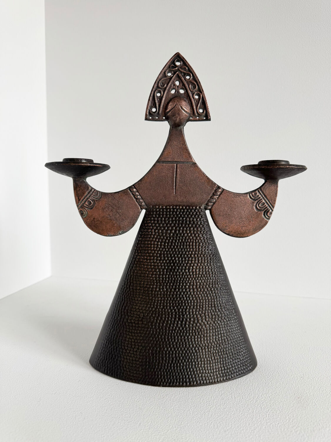 Vintage Modernist Bjorn Wiinblad Style Copper Figural Lady Dress Candl