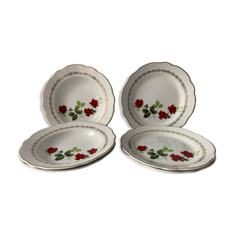 3 assiettes plates et 3 assiettes creuses Sarreguemines roses rouges art nouveau