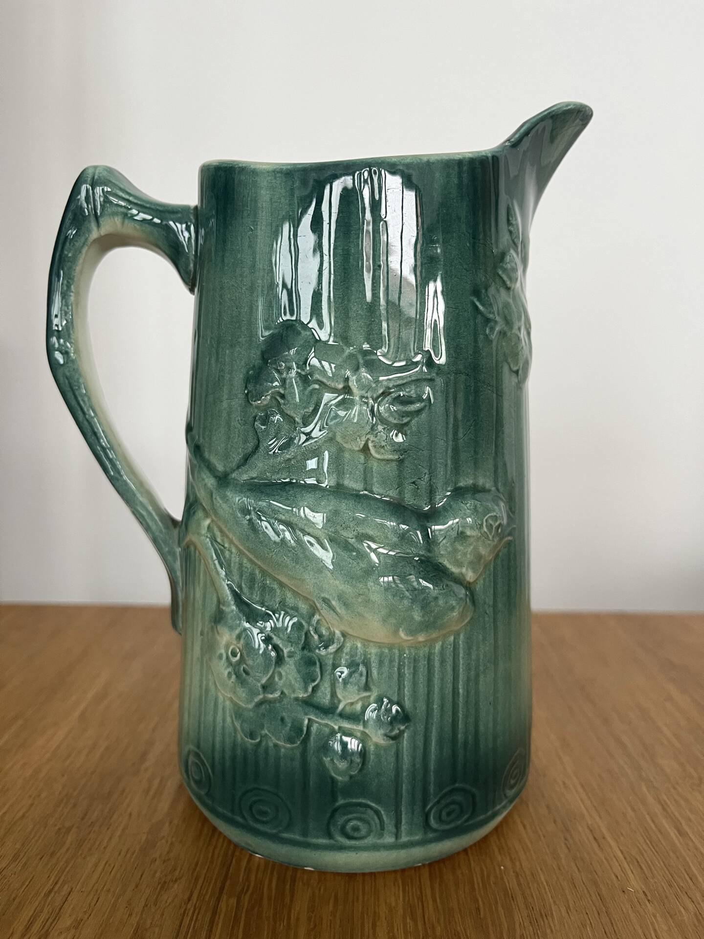 Art Nouveau barbotine pitcher "Swallow"
