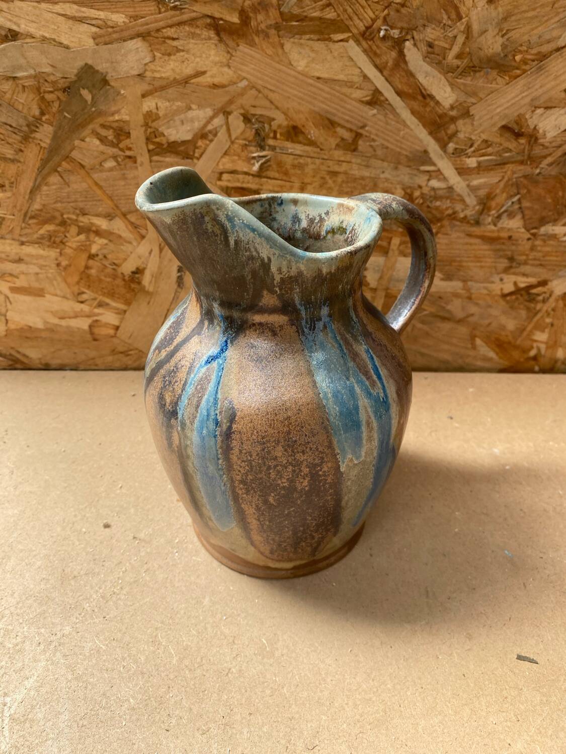 Antique art nouveau vintage blue brown flamed stoneware pitcher