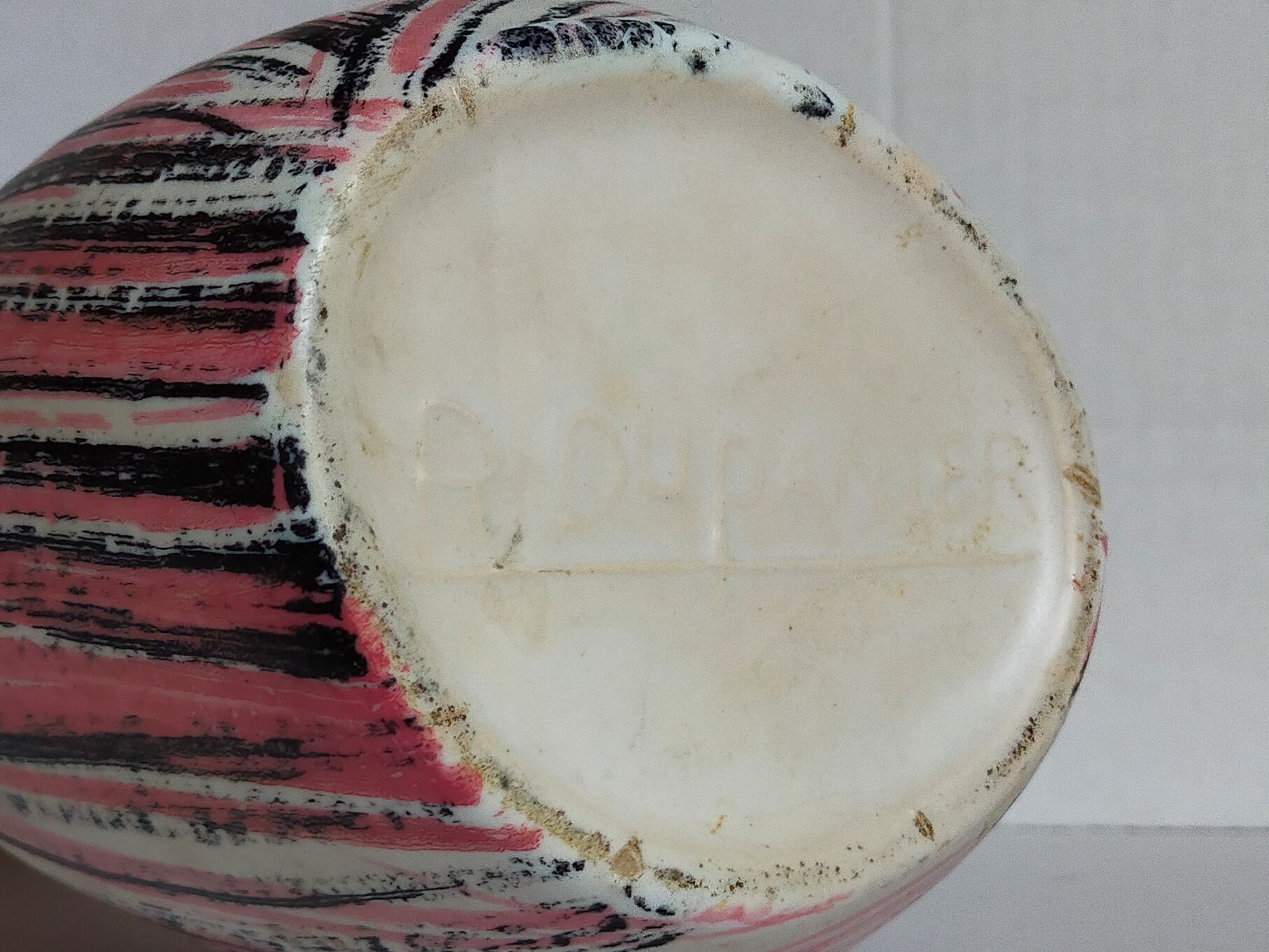 Free-form ceramic vase by R. Dupanier with abstract decoration from the 50s