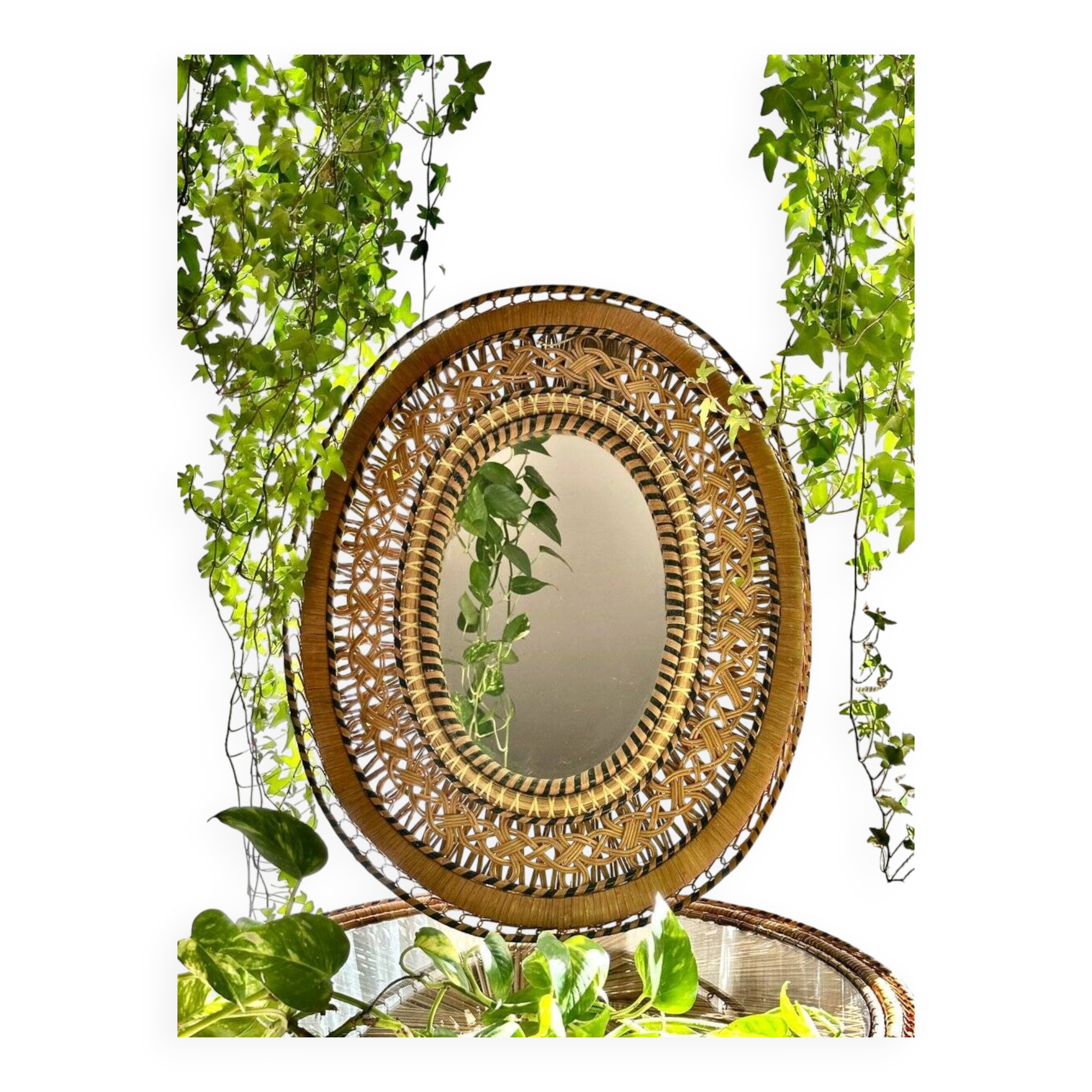 Oval mirror in rattan and wicker, 1970