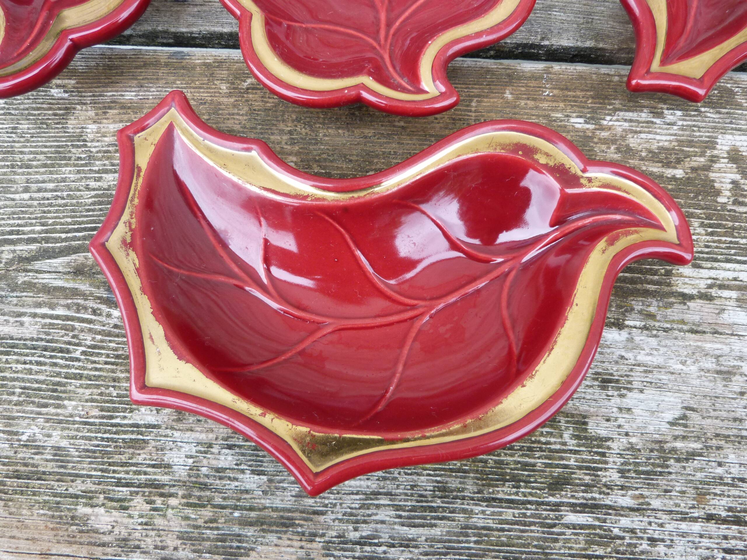 Set of vintage 1950s burgundy and gold ceramic serving dishes