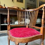 Corner armchair, dark wood and red velvet office chair.