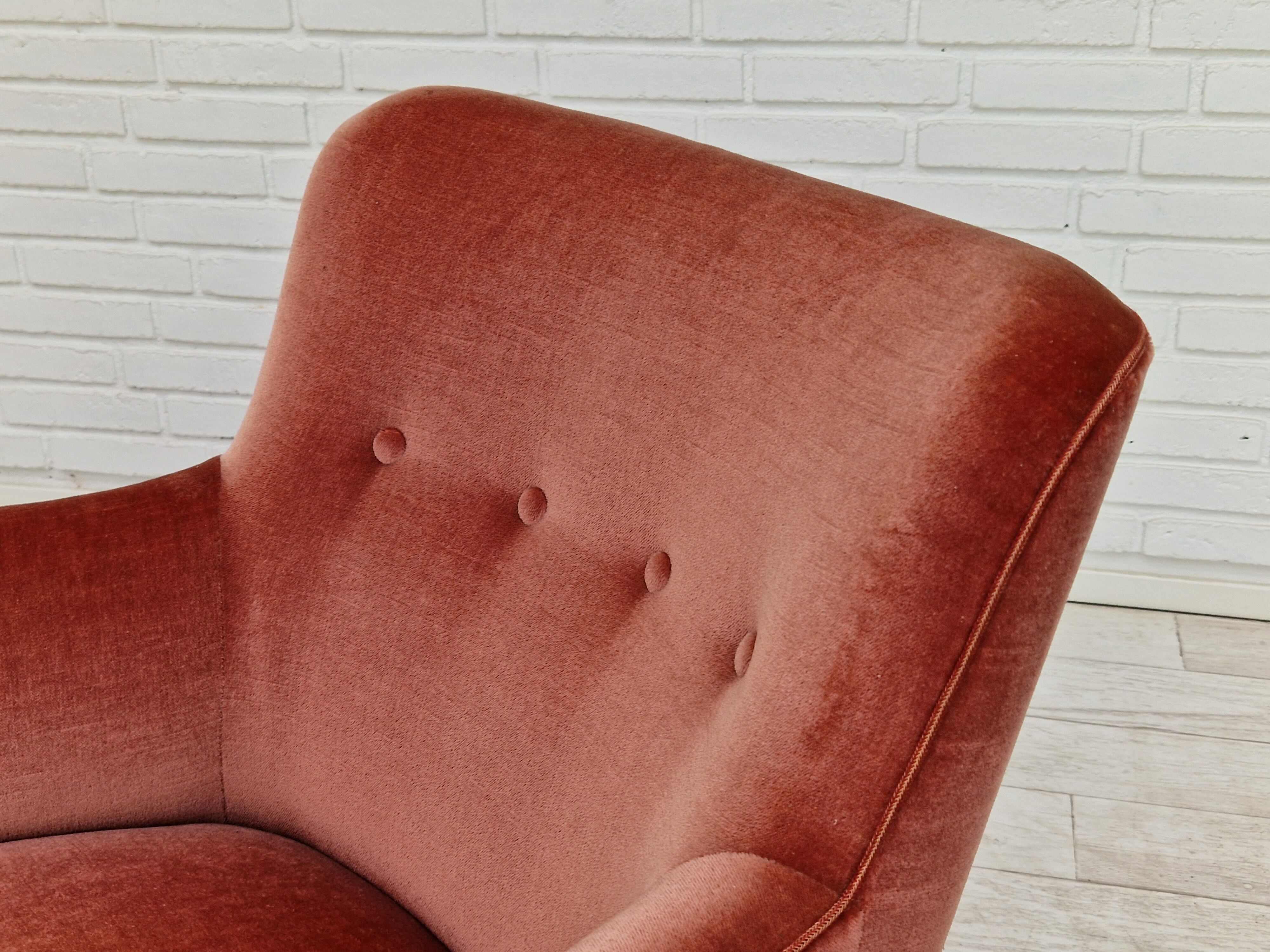 1970s, Danish set of two velour armchairs, original condition, beech wood.