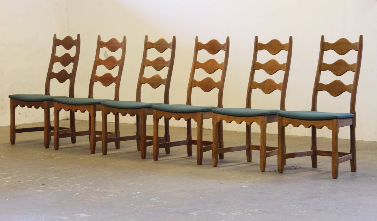 Six vintage 1960s Danish ladderback oak chairs, Henning Kjærnulf brutalist style