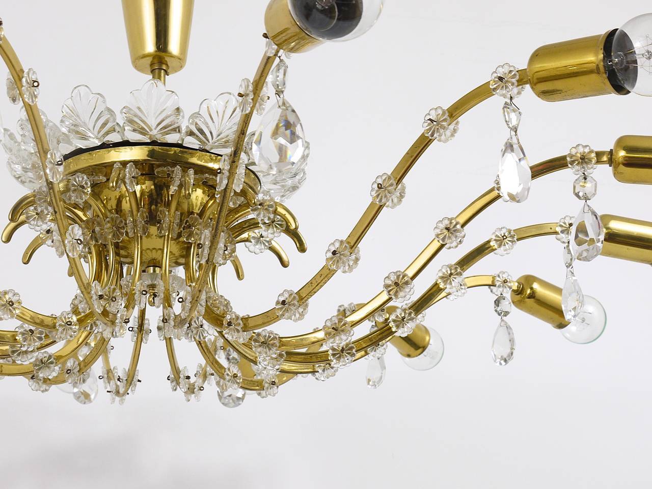 Mid-century floral brass and crystal chandelier by Lobmeyr, 1950s, Austria.