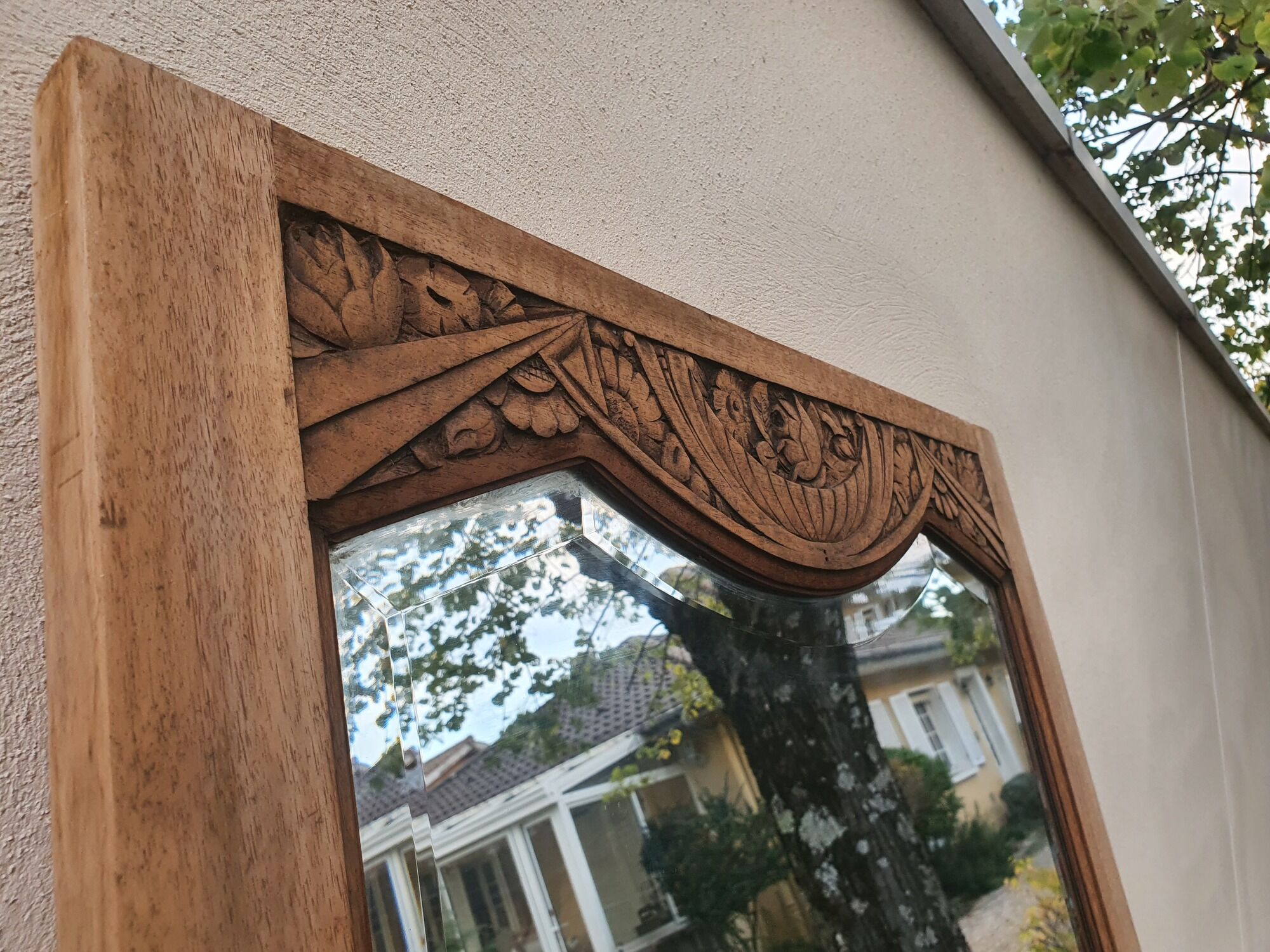 Art deco beveled mirror, old ice cabinet door