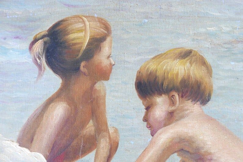 Oil painting: children's games, 1950s