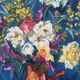 Bouquet on a blue background, oil on canvas signed Gisèle Renaut.