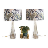 Pair large clear crystal val saint lambert table lamps - belgium 1950's