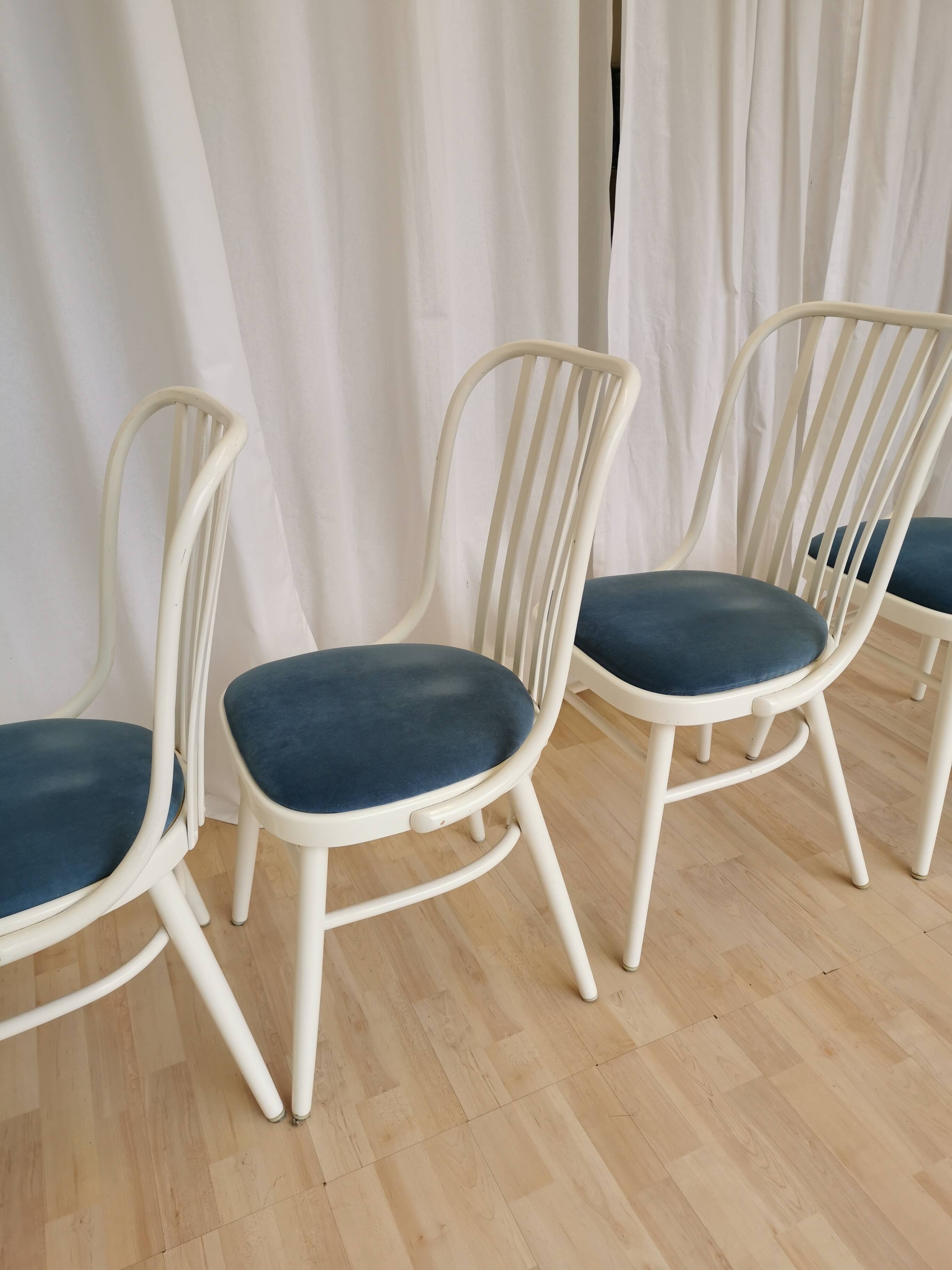 Set of 4 Vintage Bentwood White Dining Chairs in Ligna Style wit Blue Seat