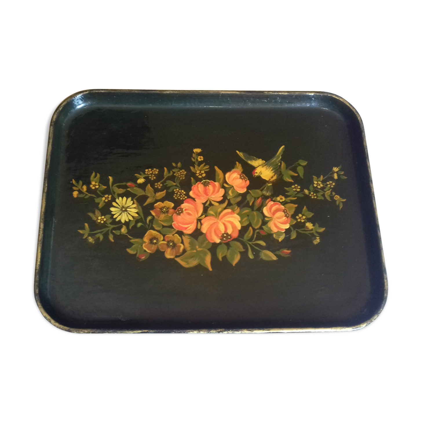 Black wooden tray with gilding and Russian motifs painted with red and green flowers