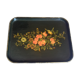 Black wooden tray with gilding and Russian motifs painted with red and green flowers