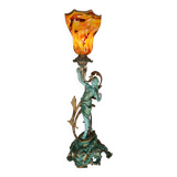 Old lamp in green and bronze patinated regula with pretty multi-colored opaline tulip