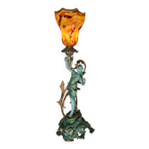 Old lamp in green and bronze patinated regula with pretty multi-colored opaline tulip