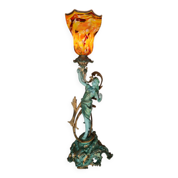 Old lamp in green and bronze patinated regula with pretty multi-colored opaline tulip