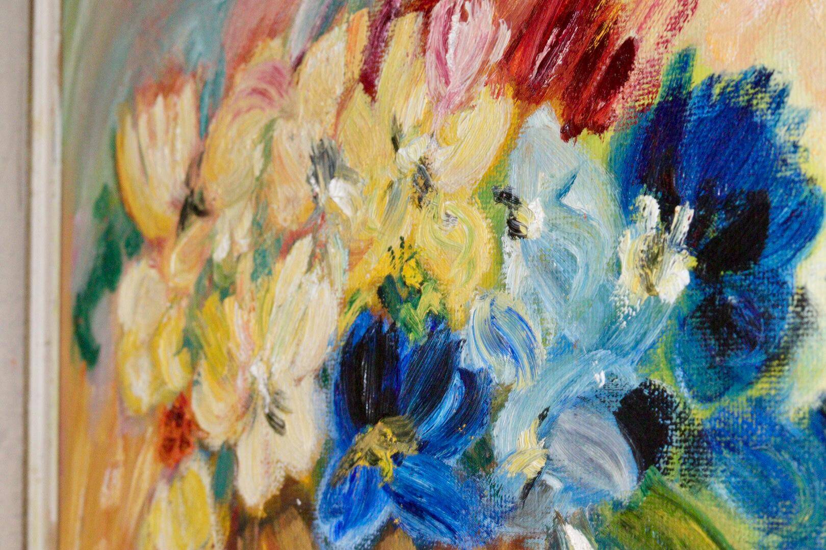 Original Swedish mid-century oil painting on panel "Flowers"
