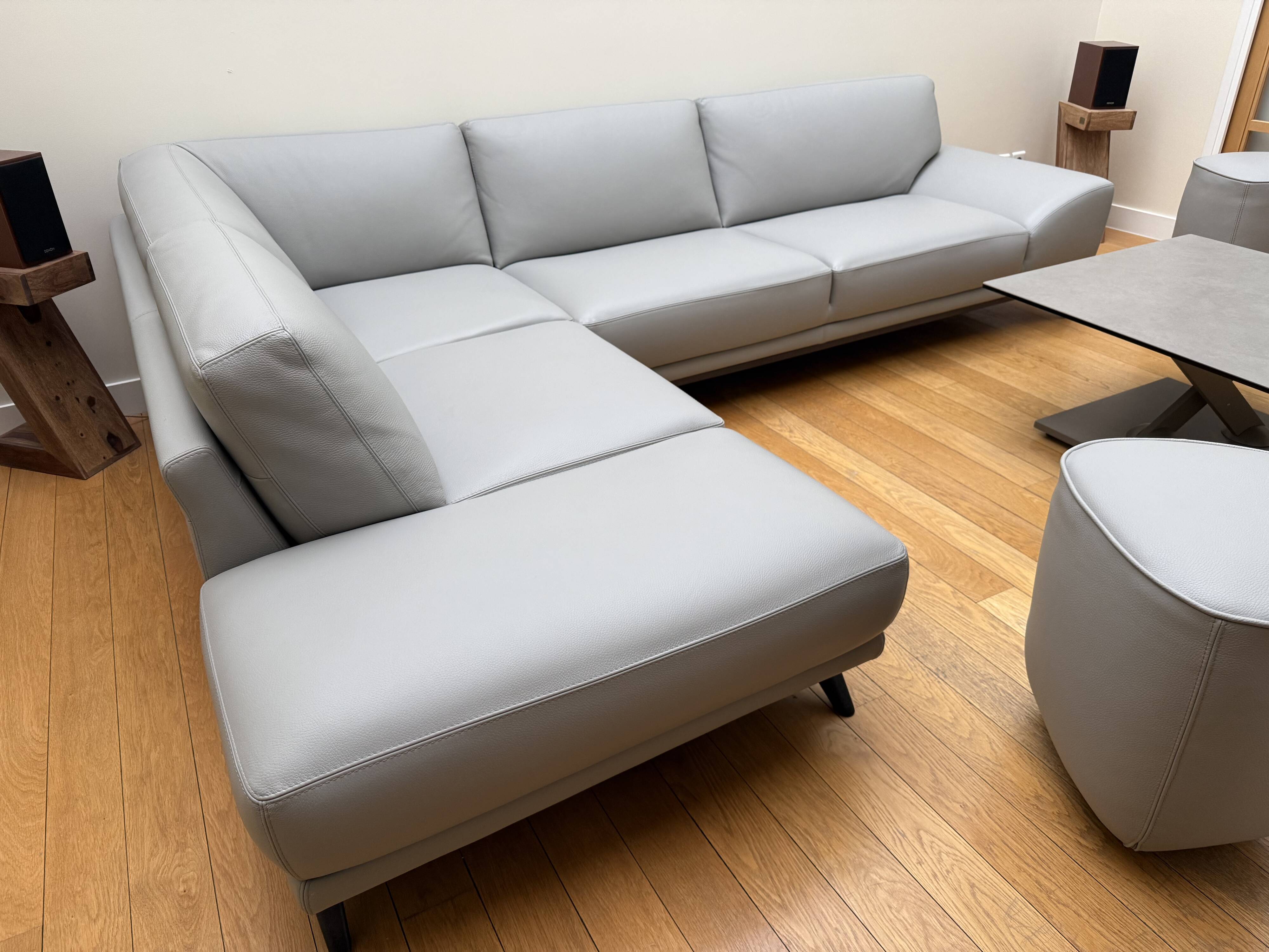 Roche bobois evidence corner sofa medium grey and 3 poufs