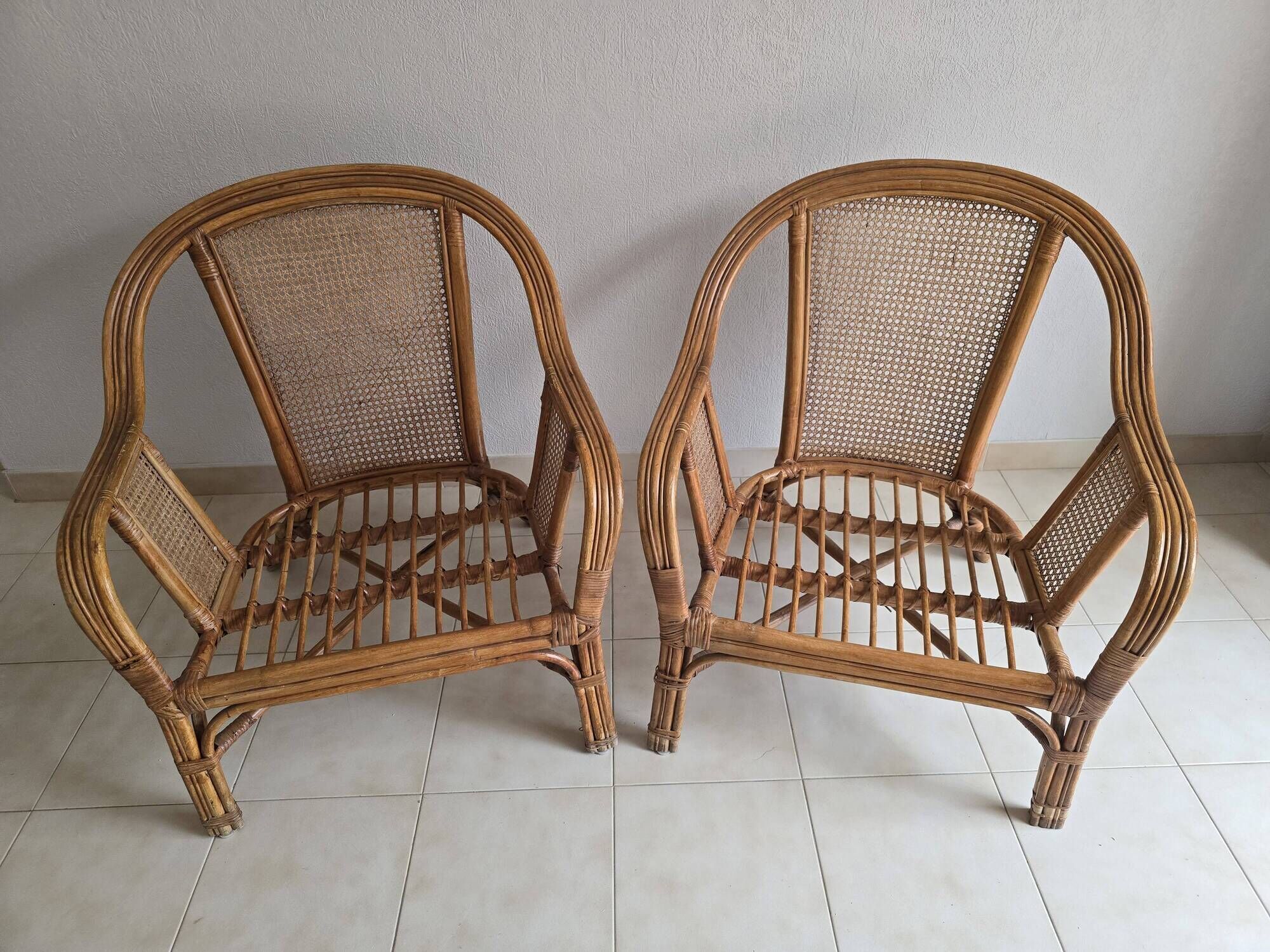 Pair of vintage rattan and cane armchairs – 1960s/70s