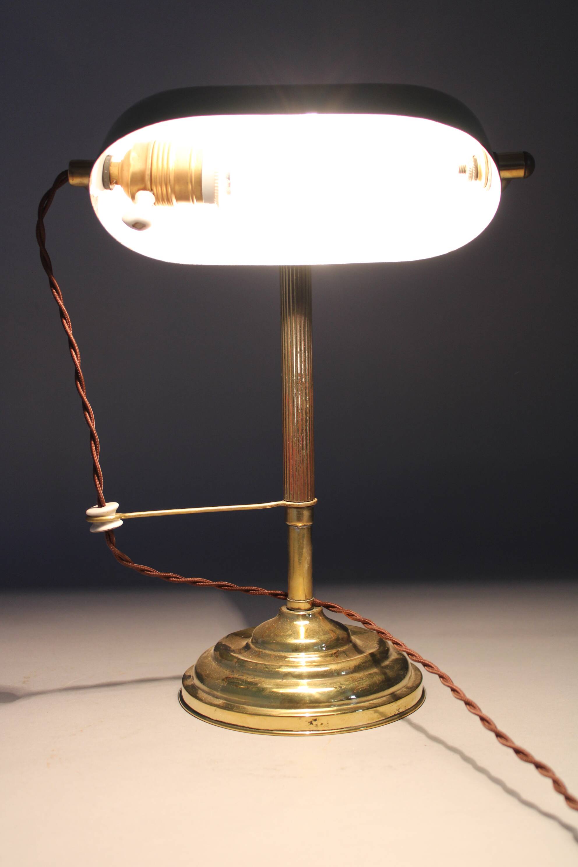 1930s Art Deco Brass  Banker Table Lamp, Czechoslovakia