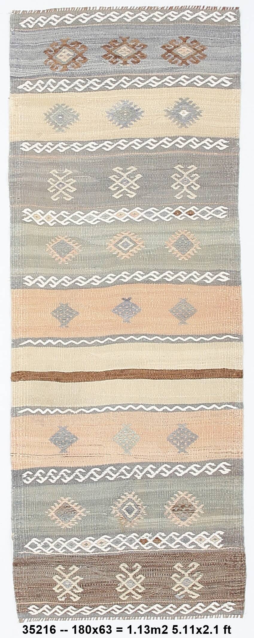 Tapis Kilim vert et crème 2x6, 63x180 cm