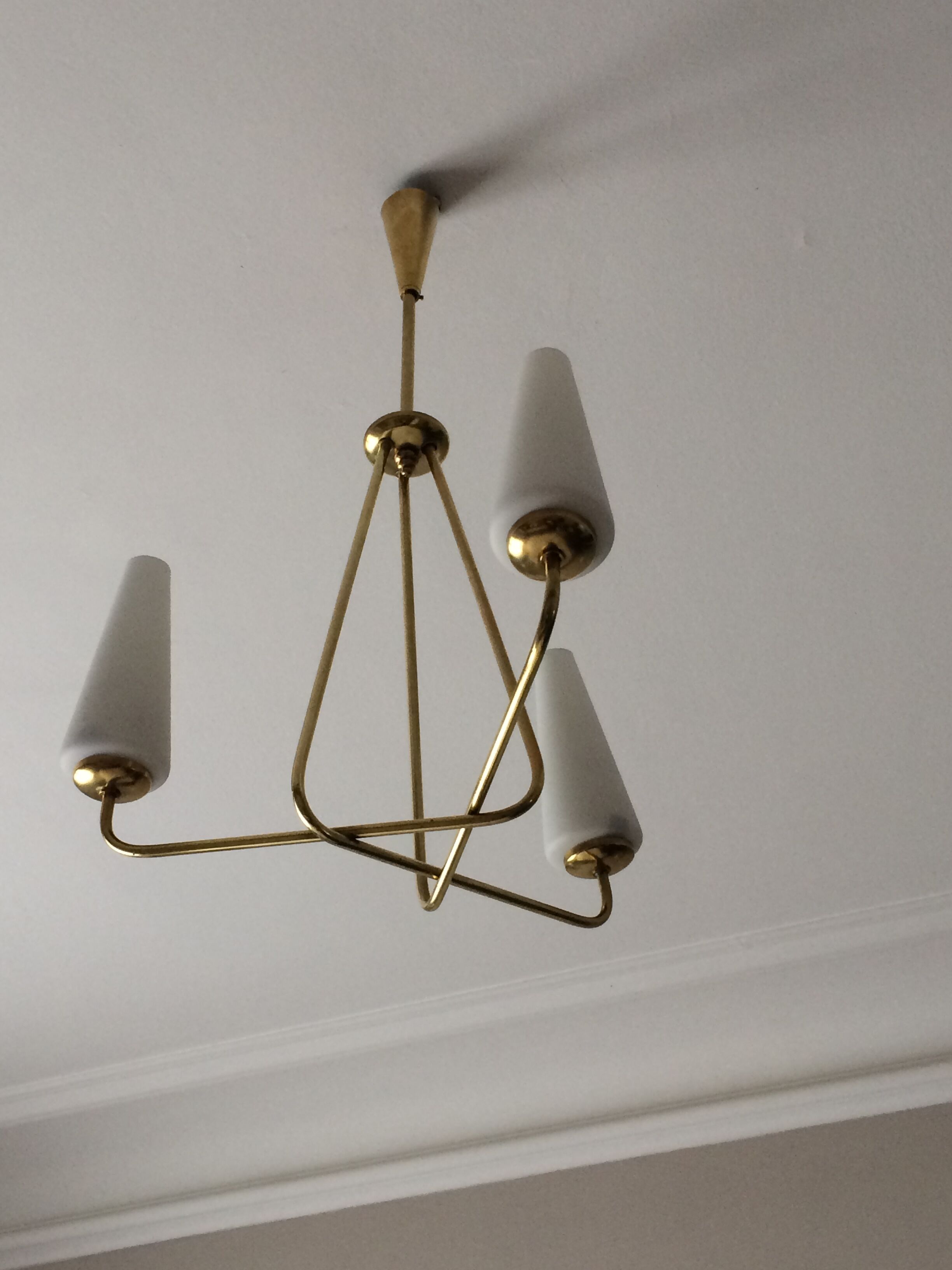 3-branch brass and opaline chandelier 1950/1960