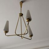 3-branch brass and opaline chandelier 1950/1960
