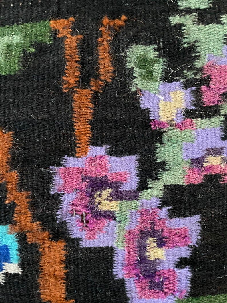 Vintage blue Moldavian rug with beautiful flowers, authentic Romanian handwoven rug 240x153cm
