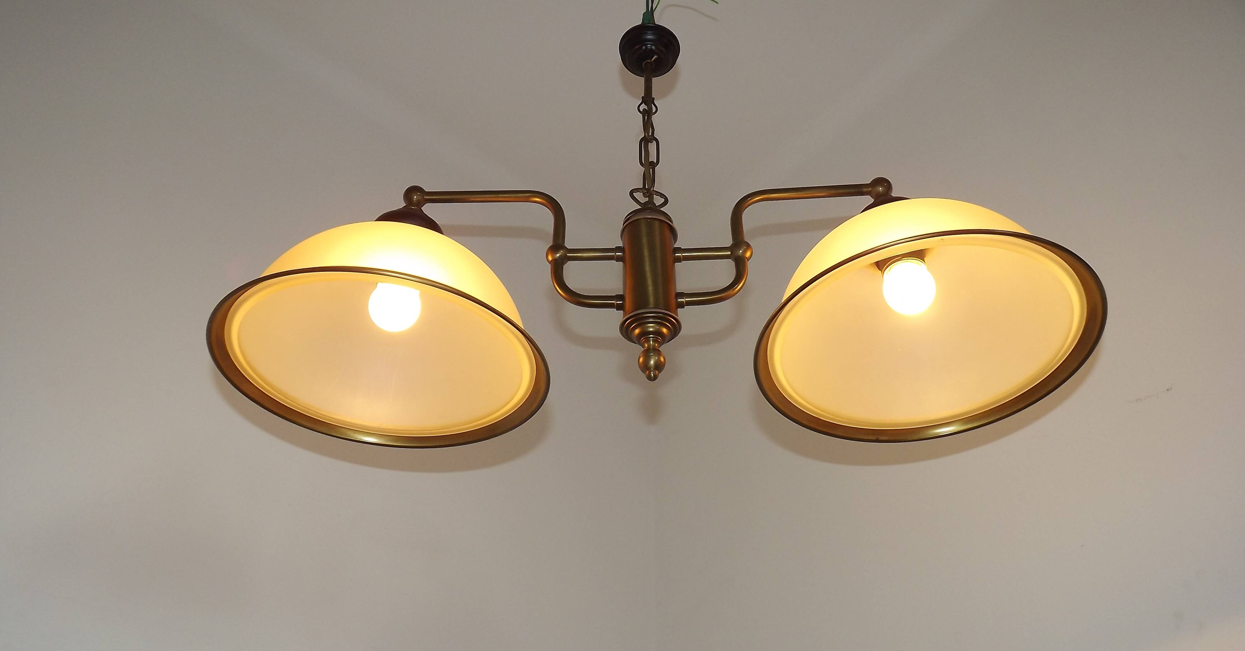 French Mid Century Bronze Effect Metal Double Billiard Light Glass Shades