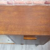 Renovated oak display cabinet with a bar on slanted legs