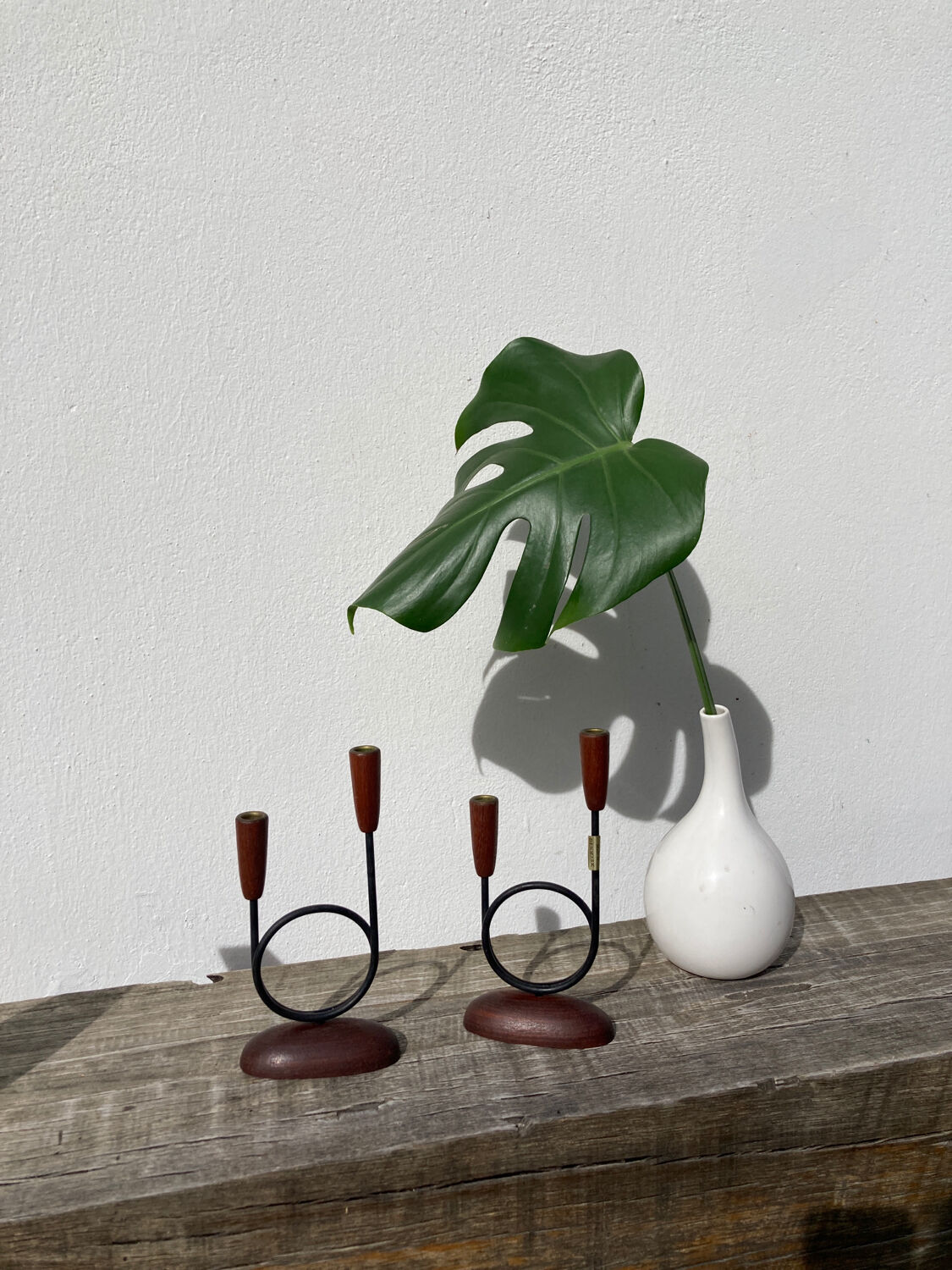 Pair of Scandinavian candlesticks in wood and metal Denmark
