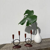 Pair of Scandinavian candlesticks in wood and metal Denmark