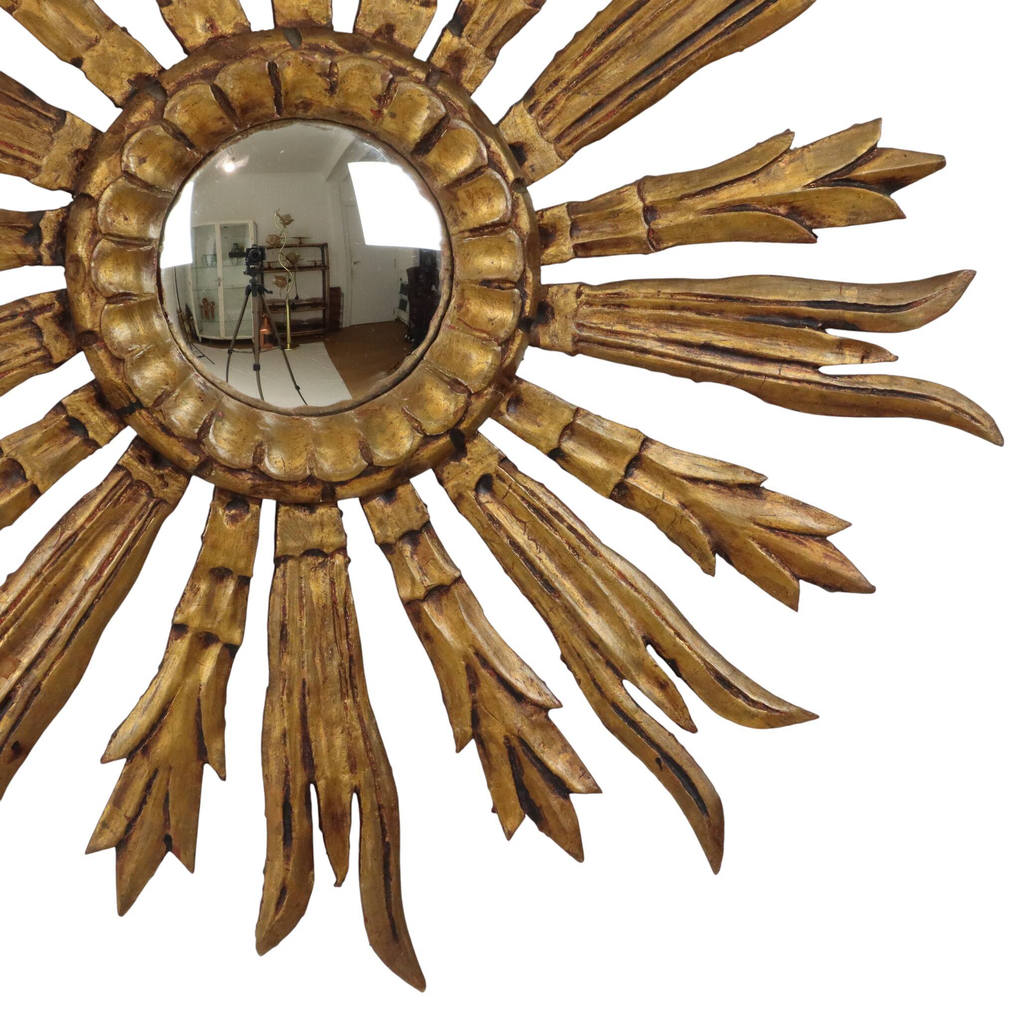Old Wooden Sun Mirror Sunburst Mirror Gold Fifties 70cm